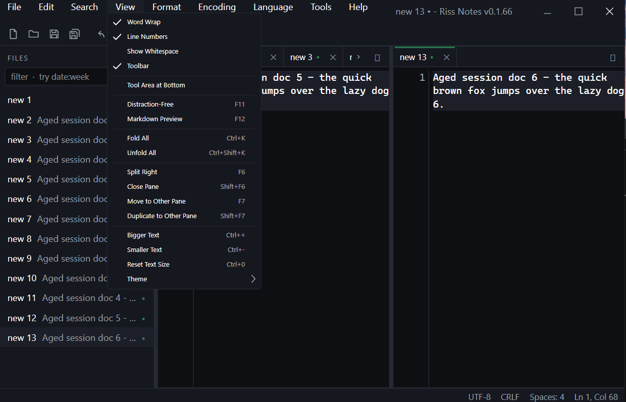Riss Notes with thirteen open documents, split panes and the View menu open, in the dark Doom theme