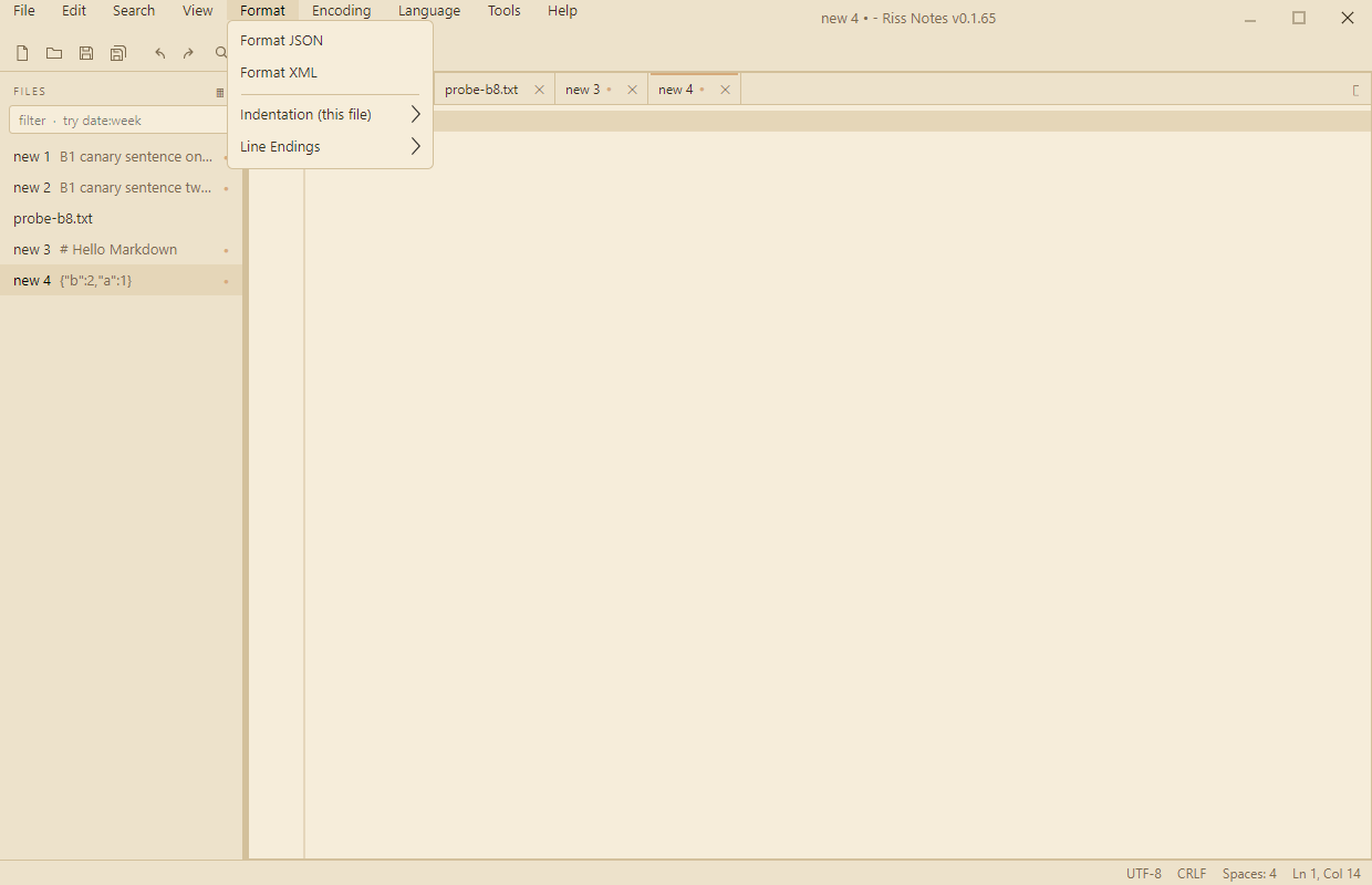 The Format menu with JSON and XML formatting and line ending controls
