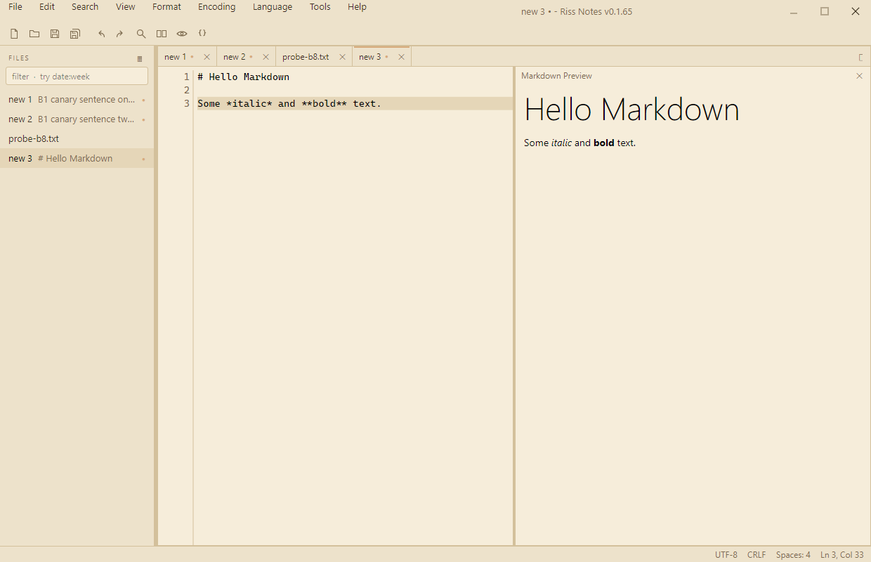 Markdown preview beside the editor in the warm Parchment theme
