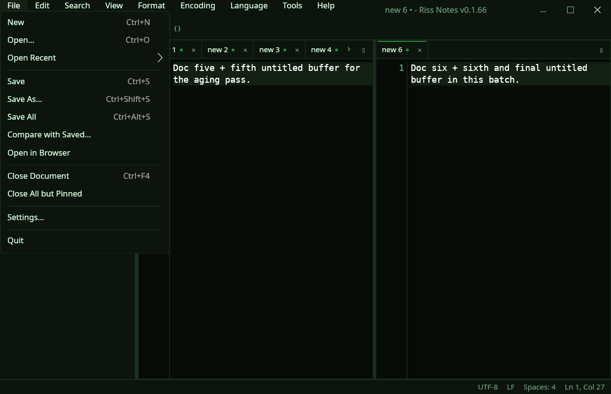 Riss Notes in the Phosphor theme, CRT green